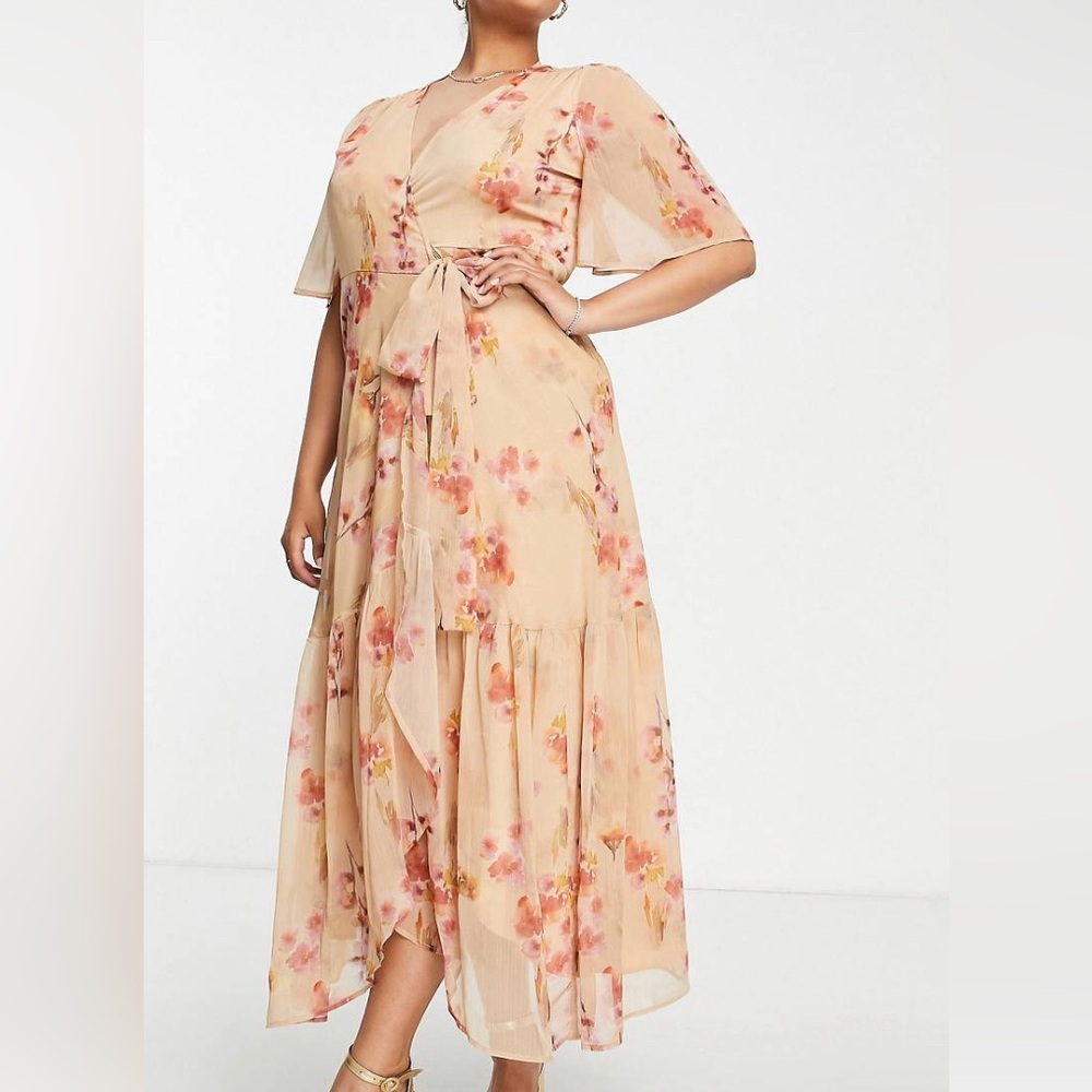 Floral Wrap Maxi Dress in Peach Blush Fuchsia and Taupe